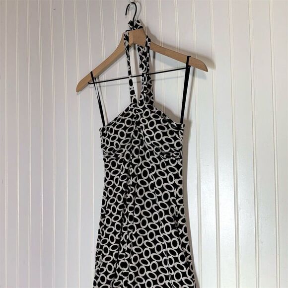 Y2K IZ Byer Halter Dress S Black White Circle Print Mesh Hem Made USA Cocktail - Picture 2 of 8